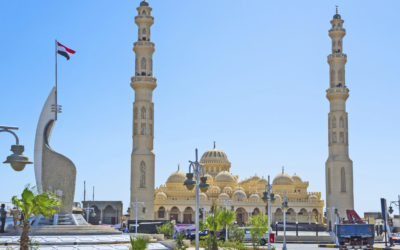 The Port Grand Mosque of Hurghada with the memorial monument, located in the middle of the circular road at Shedwan street, Egypt.